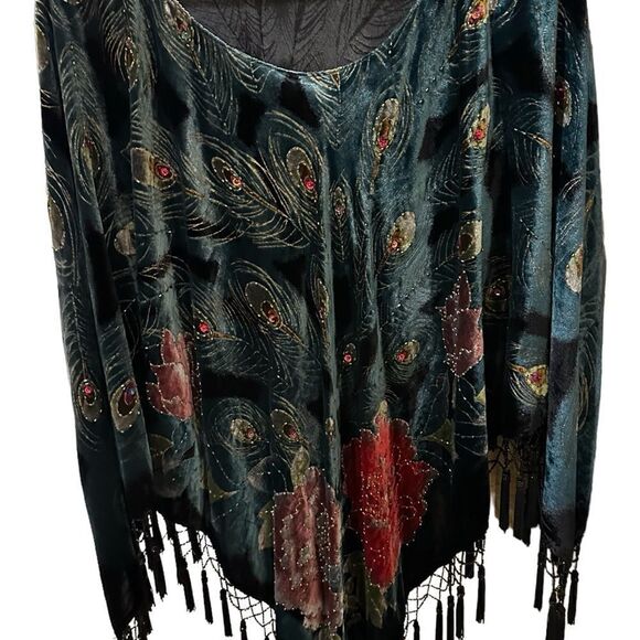 Coldwater Creek peacock poncho velvety with fringe excellent like new condition - Picture 5 of 15